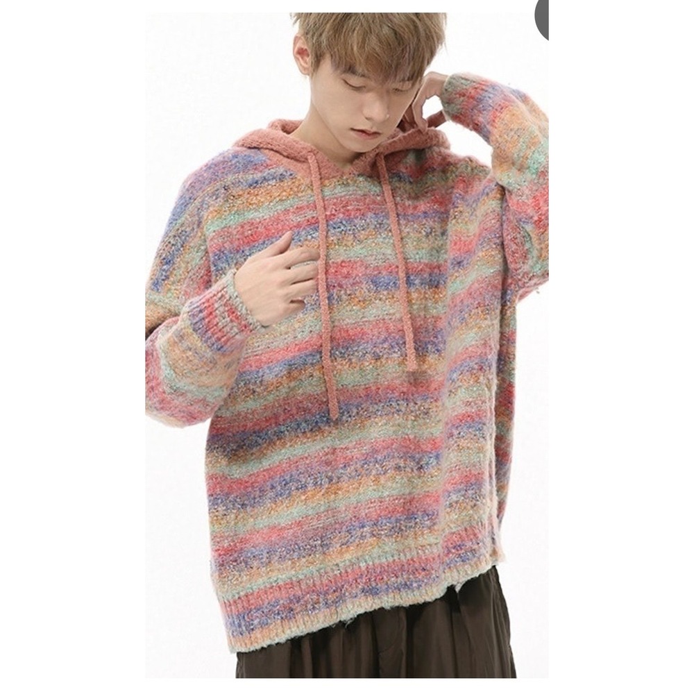 Aelfric Eden Mens Multicolor Striped Knit Hoodie Oversized Fuzzy Sweater Small